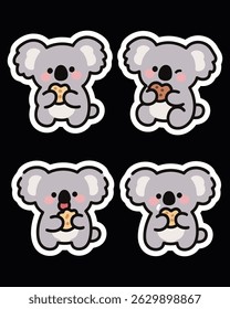 Adorable koala sticker pack in kawaii cartoon style. Perfect for journals, planners, scrapbooks, prints, emojis, and chat apps. High-resolution with transparent backgrounds.