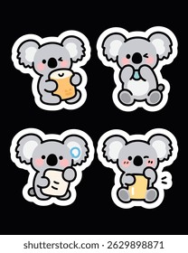 Adorable koala sticker pack in kawaii cartoon style. Perfect for journals, planners, scrapbooks, prints, emojis, and chat apps. High-resolution with transparent backgrounds.