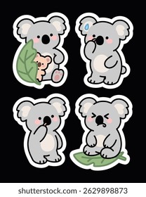 Adorable koala sticker pack in kawaii cartoon style. Perfect for journals, planners, scrapbooks, prints, emojis, and chat apps. High-resolution with transparent backgrounds.
