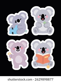 Adorable koala sticker pack in kawaii cartoon style. Perfect for journals, planners, scrapbooks, prints, emojis, and chat apps. High-resolution with transparent backgrounds.