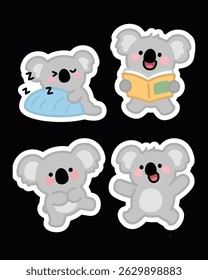 Adorable koala sticker pack in kawaii cartoon style. Perfect for journals, planners, scrapbooks, prints, emojis, and chat apps. High-resolution with transparent backgrounds.