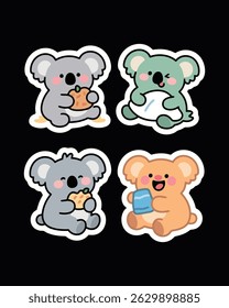 Adorable koala sticker pack in kawaii cartoon style. Perfect for journals, planners, scrapbooks, prints, emojis, and chat apps. High-resolution with transparent backgrounds.