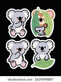 Adorable koala sticker pack in kawaii cartoon style. Perfect for journals, planners, scrapbooks, prints, emojis, and chat apps. High-resolution with transparent backgrounds.