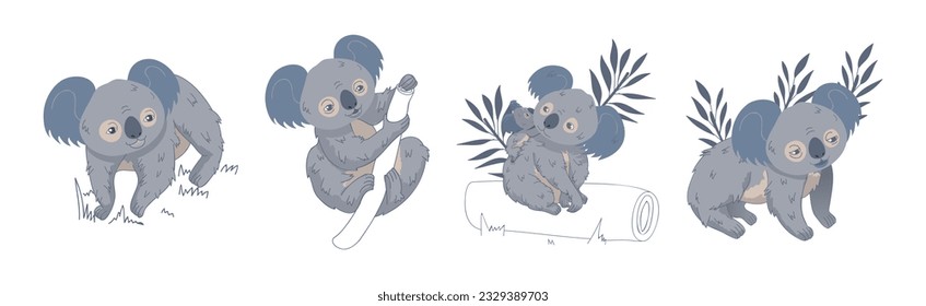 Adorable Koala in Various Pose with Tree Trunk Vector Set