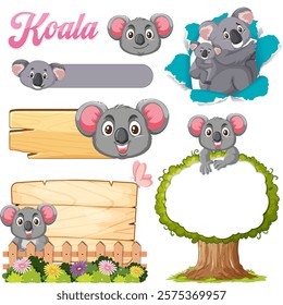 Adorable koalas with signs and nature elements