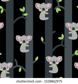 Adorable koalas in trees seamless pattern on black background. Great for wallpaper, web background, wrapping paper, fabric, packaging, greeting cards, invitations and more.