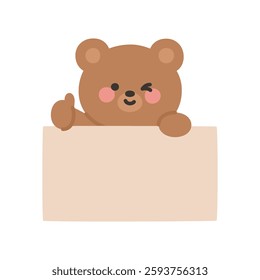 Adorable Korean Doodle Bear Winking and Holding Blank Sign Vector Illustration