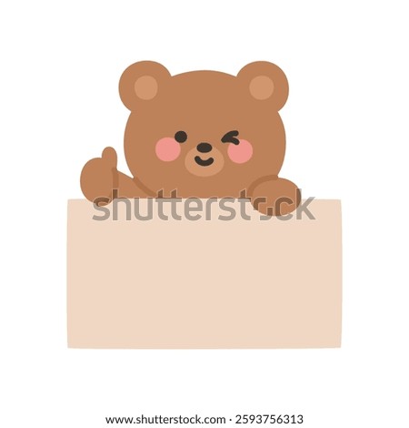 Adorable Korean Doodle Bear Winking and Holding Blank Sign Vector Illustration