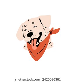 Adorable Labrador Retriever avatar. Cute fluffy puppy in bandana smiles, shows tongue. Happy dog muzzle. Amusing pup face. Joyful pet portrait. Flat isolated vector illustration on white background