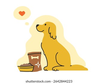 An adorable labrador retriever sits next to a bowl of his favorite food. Modern cartoon style. Isolated hand drawn vector illustration.