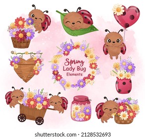 Adorable lady bug and spring flowers elements