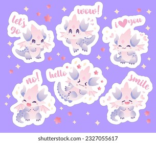 Adorable Lavender Dragon Sticker Vector Illustration. This illustration can be used for children s stickers, decals, or labels, adding a touch of cuteness and whimsy to items such as notebooks, school