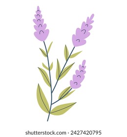 Adorable lavender. Item for March 8th. Spring element decoration in modern simple cartoon flat style for print design. cute spring flower and leaves in flat style. Kids design, for fabric, wrapping