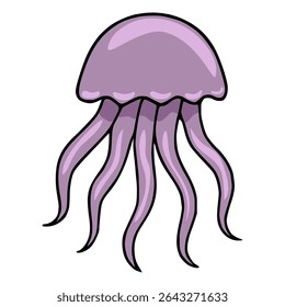Adorable Lavender Jellyfish Vector Illustration: A whimsical cartoon-style depiction of a jellyfish with a soft lavender hue and elegantly flowing tentacles, perfect for childrens books, marine-th...