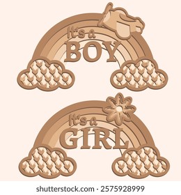 Adorable layered vector designs "It's a Boy" and "It's a Girl" with rainbows, clouds, and cute accents. Perfect for baby showers, gender reveals, nursery decor, and laser cutting projects.