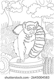 Lêmure preguiçoso adorável empoleirado em uma floresta, uma ilustração de arte de linha detalhada pronta para colorir, ideal para crianças e adultos.