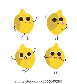 Adorable lemon characters in various poses, colorful, fun, minimalistic design