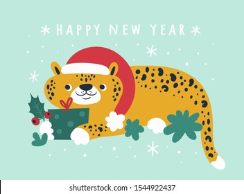 Adorable leopard on santa hat isolated on background with snowflakes. Merry Christmas holiday festive Illustration in flat cartoon style for greeting card, poster, print. Cartoon funny jungle animal