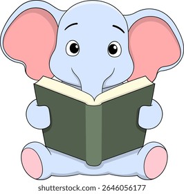 Adorable light blue cartoon elephant character with big pink ears sitting and reading a book