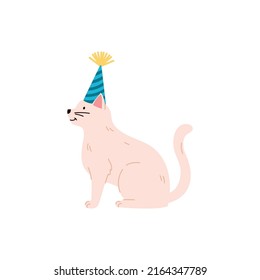 Adorable light cat in party hat flat style, vector illustration isolated on white background. Smiling satisfied pet, birthday party concept, pastel colors