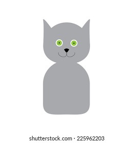 Adorable light grey kitten with big round green eyes and black nose on round head with sharp ears and oval body. Label template. Flat design