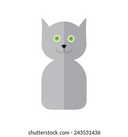 Adorable light grey kitten with big round green eyes and black nose on round head with sharp ears and oval body. Label template. Flat design