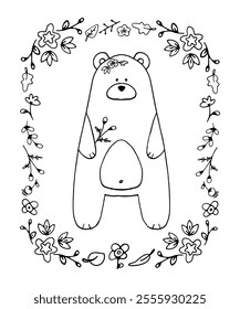 Adorable line art illustration of a bear surrounded by a floral wreath