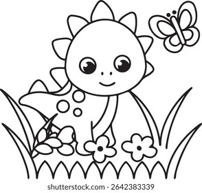 Adorable line art illustration of a cute baby dinosaur standing in a grassy field with flowers and a butterfly. Perfect for coloring books, children's books, or educational materials.