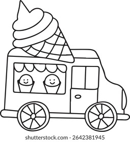 Adorable line art illustration of an ice cream truck with a giant ice cream cone on top and happy ice cream cups in the window. Perfect for children's books, coloring pages, or summer-themed designs.