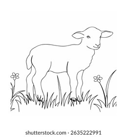 Adorável ilustração de arte de linha de um cordeiro em um campo com flores em um fundo branco