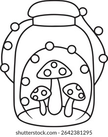 Adorable line art illustration of a mason jar terrarium featuring three cute mushrooms under a whimsical, dotted mushroom cap. Perfect for coloring pages, stickers, or whimsical designs.