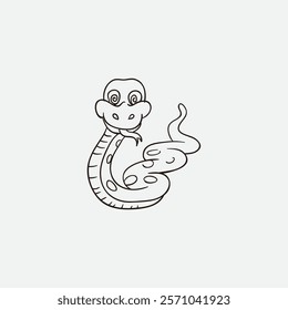 Adorable line art illustration of a smiling snake with spiral eyes, intricate patterns, and a playful curled pose, suitable for coloring books, children's activities, and festive decorations.