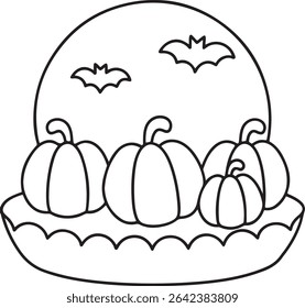 Adorable line art illustration of three pumpkins and a small pumpkin in front of a full moon with two bats. Perfect for Halloween-themed designs, coloring pages, or children's books.