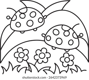 Adorable line art illustration of two ladybugs amidst blooming flowers and grass. Perfect for children's books, coloring pages, or educational materials.