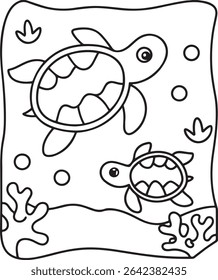 Adorable line art illustration of two sea turtles swimming amidst coral and bubbles. Perfect for children's books, coloring pages, or educational materials.
