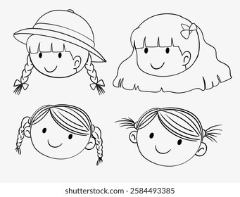 Adorable line drawings of smiling children's faces