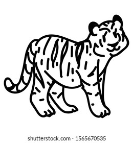 Adorable Lineart Cartoon Tiger Vector Clip Art. Safari Animal Icon. Hand Drawn kawaii Kid Motif Illustration Doodle In Flat Color. Isolated Baby, Nursery and Childhood Character. Colorful Cute.