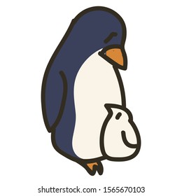Adorable Lineless Cartoon Penguin and chick Clip Art. Arctic Animal Icon. Hand Drawn kawaii Polar Bird Motif Illustration Doodle In Flat Color. Isolated, Nursery and Mother and Baby Bird. Vector.