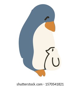 Adorable Lineless Cartoon Penguin With Chick Clip Art. Arctic Animal Icon. Hand Drawn kawaii Polar Bird Motif Illustration Doodle In Flat Color. Isolated Baby, Nursery and Christmas Bird. Vector.