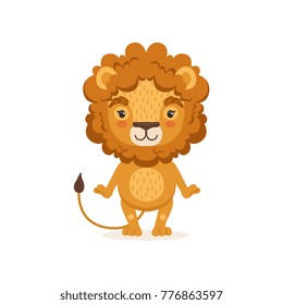 Adorable lion cartoon character standing and posing with paws down. Children print for t-shirt, card or book. Flat design vector illustration isolated on white.