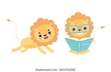 Adorable Lion Character Activities Set, Cute African Animal Roaring and Reading Book Cartoon Vector Illustration