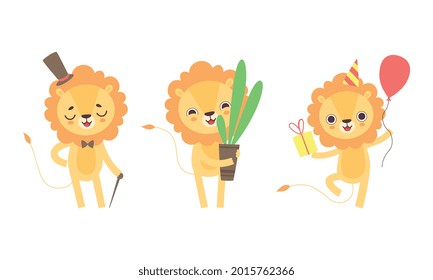 Adorable Lion Character Activities Set, Cute African Animal Holding Birthday Cake and Flowerpot Cartoon Vector Illustration