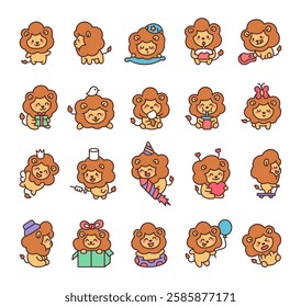 Adorable lion character set featuring cute kawaii celebrating birthday, holding gifts, balloons, wearing hats, and enjoying heartwarming moments in a charming cartoon style