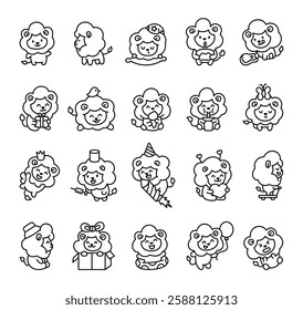 Adorable lion character set featuring cute kawaii celebrating birthday, holding gifts, balloons, wearing hats, and enjoying heartwarming moments in a charming cartoon style