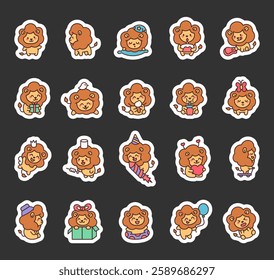 Adorable lion character set featuring cute kawaii celebrating birthday, holding gifts, balloons, wearing hats, and enjoying heartwarming moments in a charming cartoon style