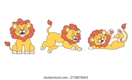 Adorable lion character set featuring a happy lion sitting, running, and playing. Minimalist flat line art illustration perfect for children books, mascot design, and baby shower cards
