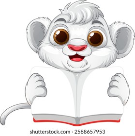 Adorable lion cub holding an open book