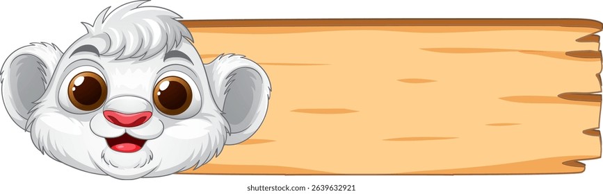 Adorable lion cub peeking over a wooden sign