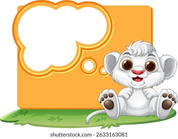 Adorable lion cub sitting with a speech bubble