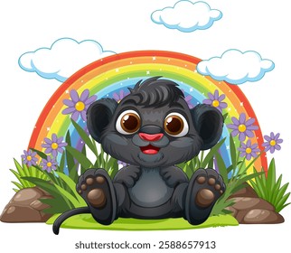 Adorable lion cub sitting under a colorful rainbow